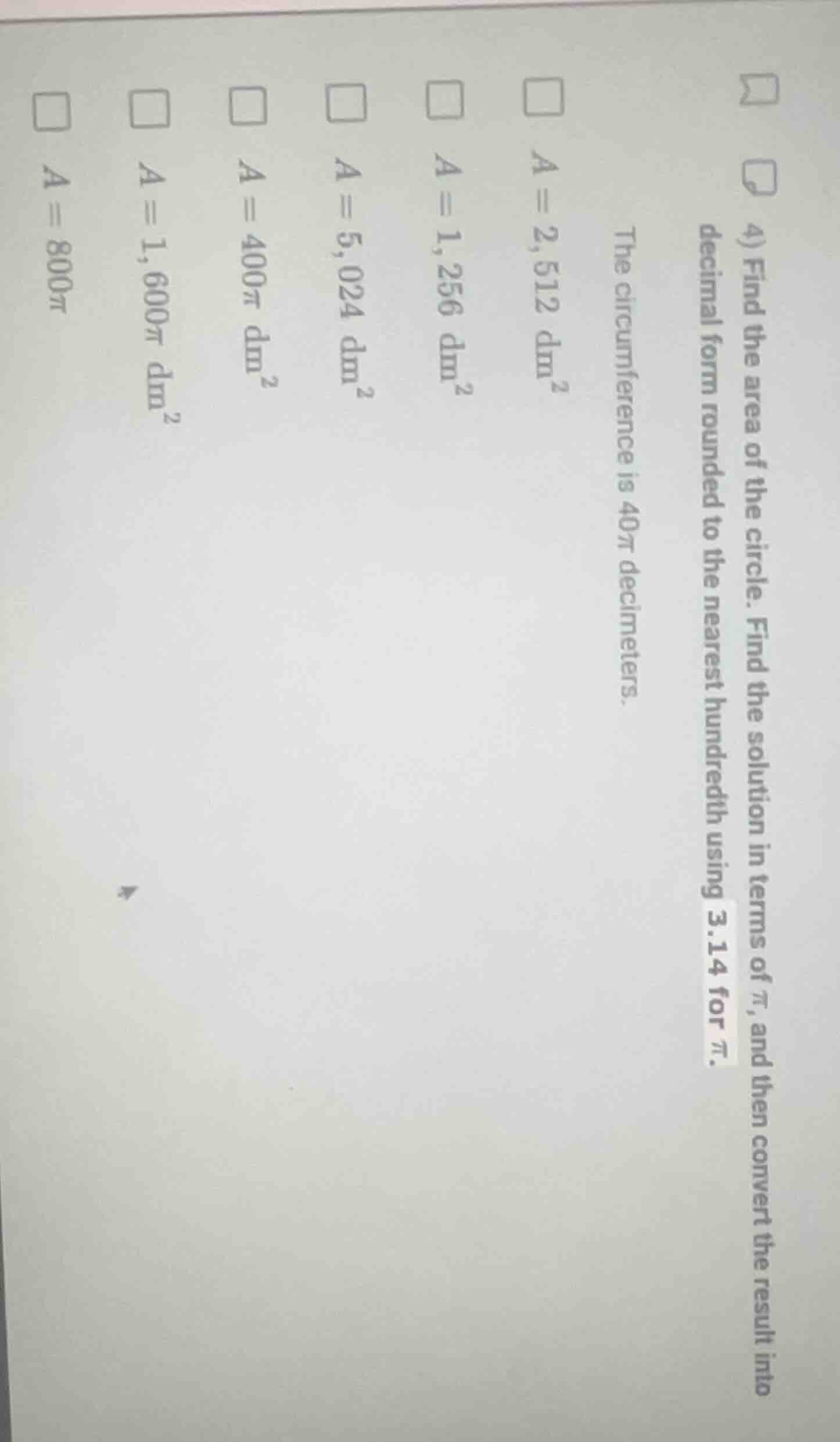 4) find the area of the circle. find the solution in terms of \\(\\pi\\…