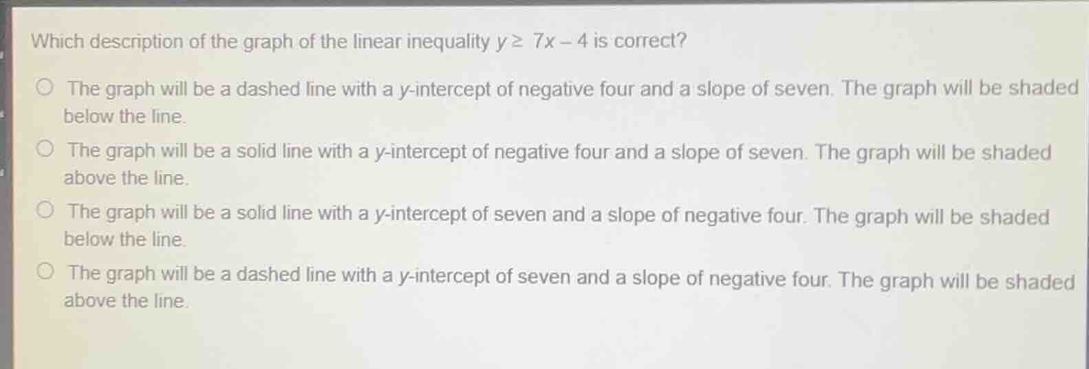 which description of the graph of the linear inequality ( y geq 7x - 4 …
