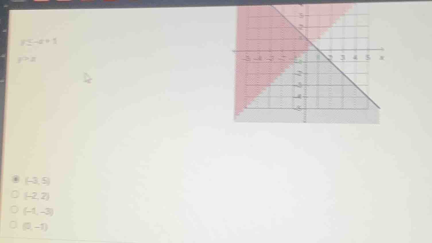 y ≤ -x + 1 y > x options: (-3, 5); (-2, 2); (-1, -3); (0, -1)