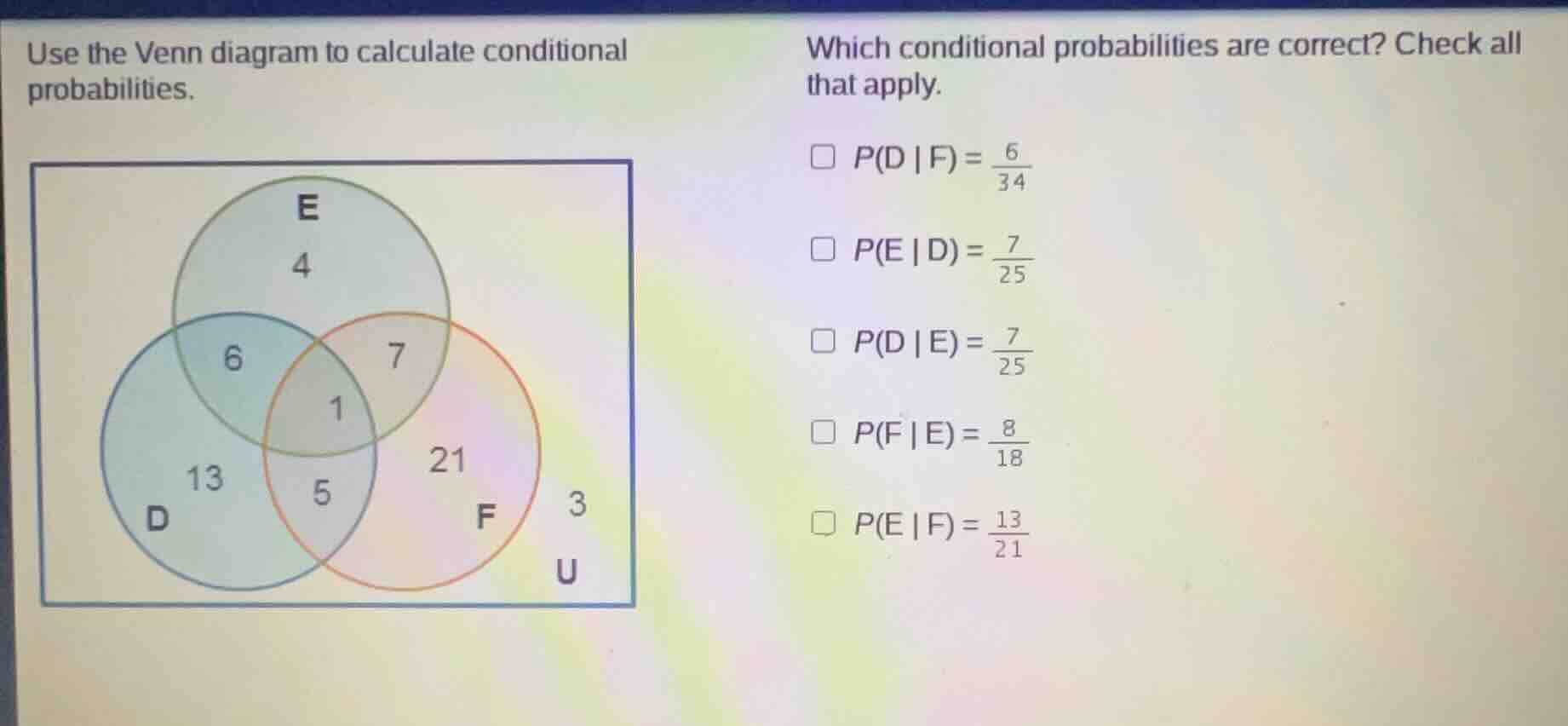 use the venn diagram to calculate conditional probabilities. which cond…