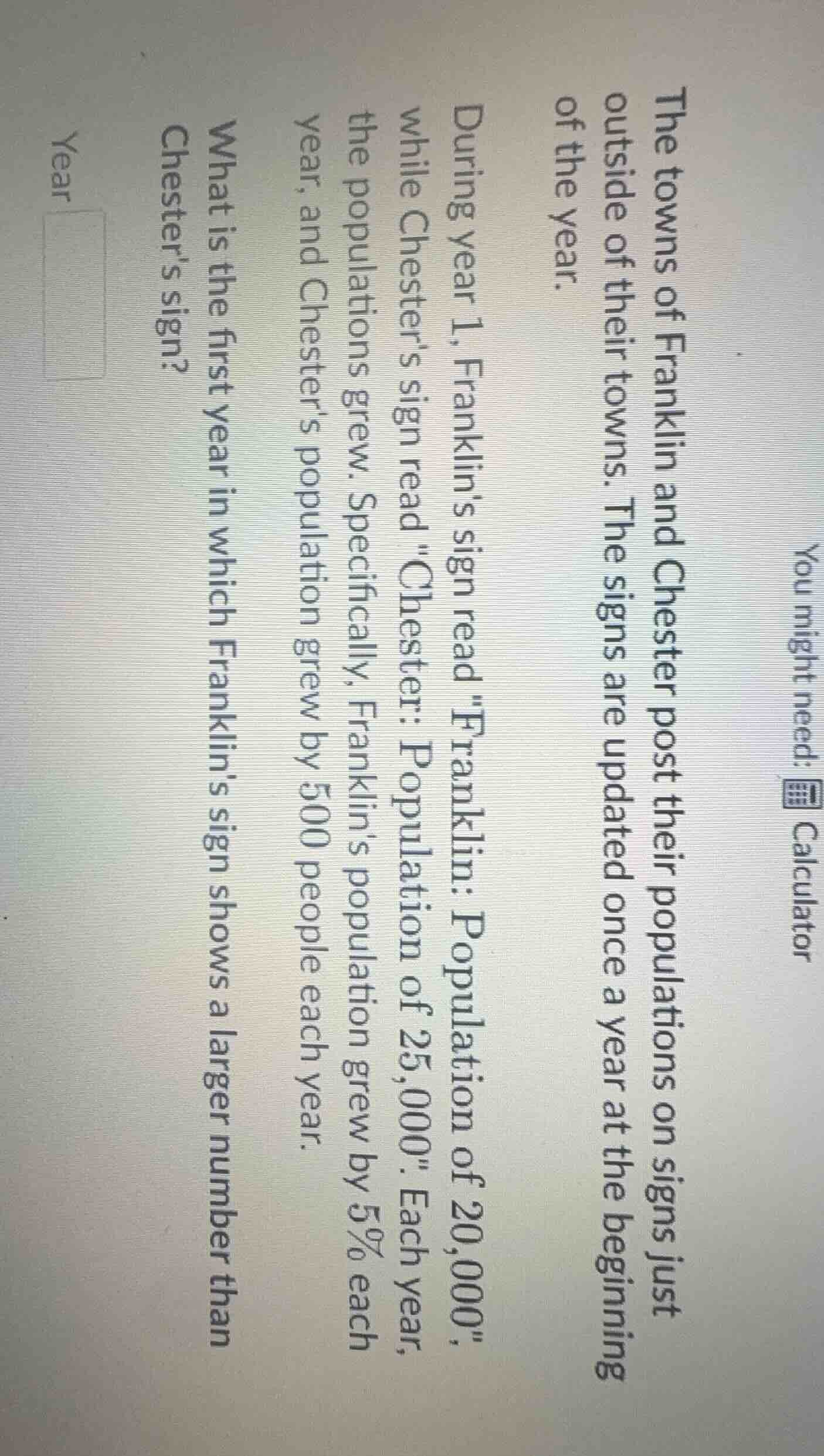 the towns of franklin and chester post their populations on signs just …