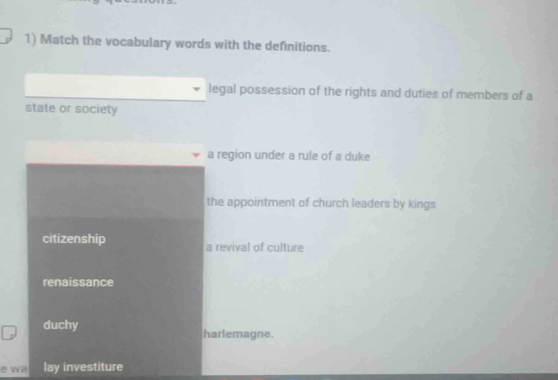 1) match the vocabulary words with the definitions. legal possession of…