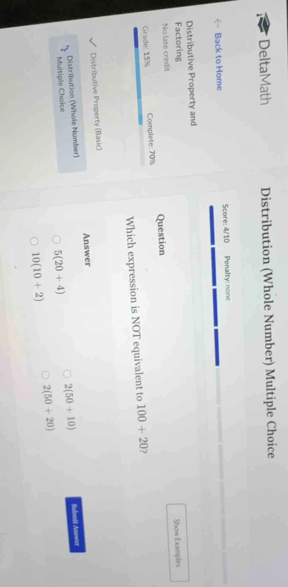 question which expression is not equivalent to 100 + 20? answer 5(20 + …