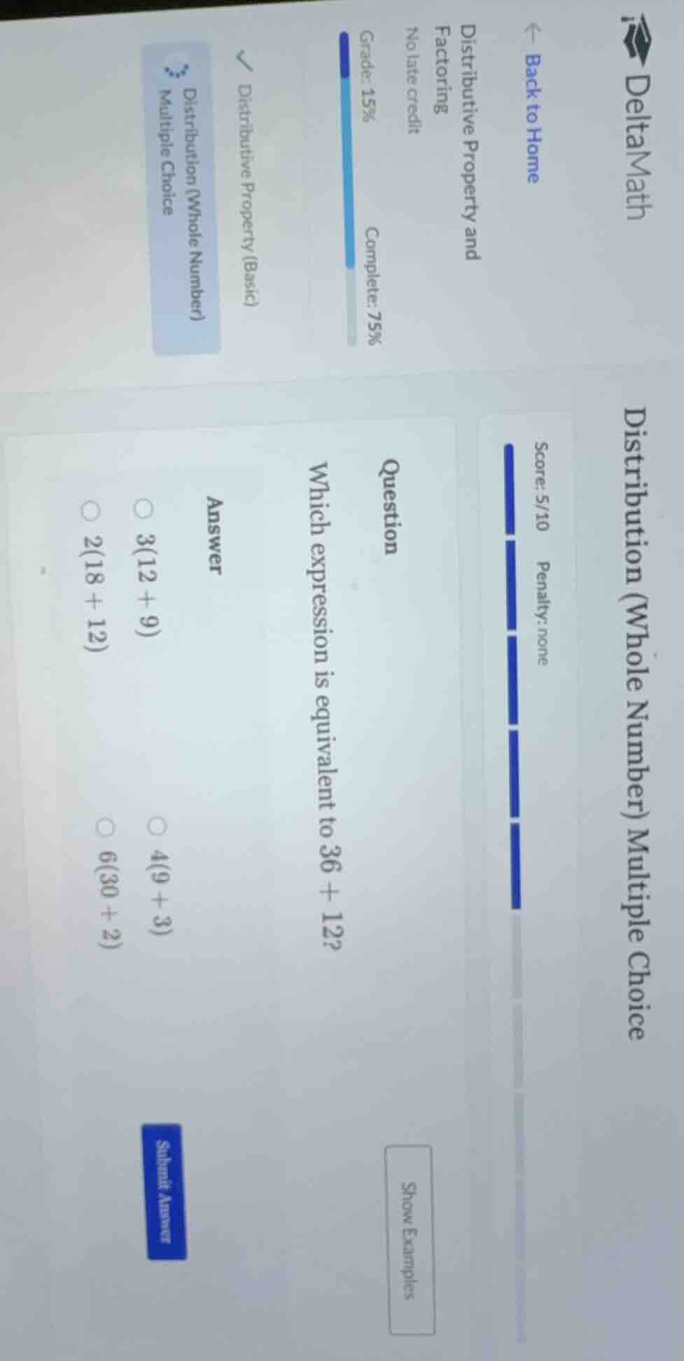 question which expression is equivalent to 36 + 12? answer ○ 3(12 + 9) …
