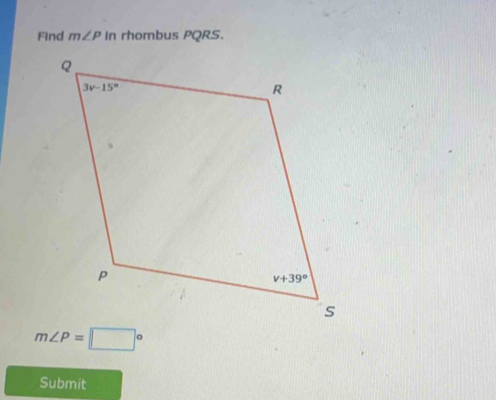 find ( mangle p ) in rhombus ( pqrs ). ( mangle p = square^circ )