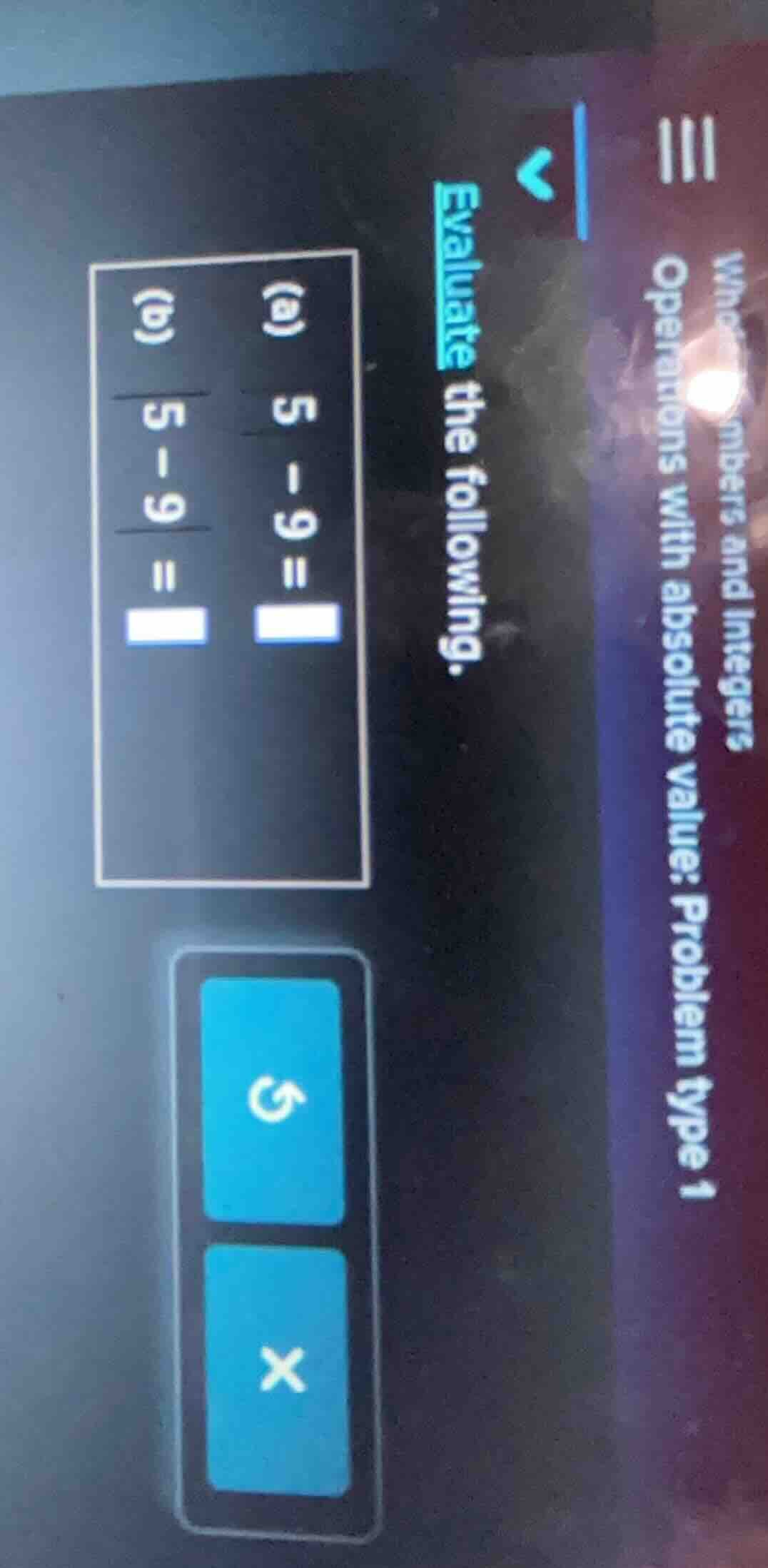 evaluate the following. (a) 5 - 9 = \\boxed{} (b) |5 - 9| = \\boxed{}