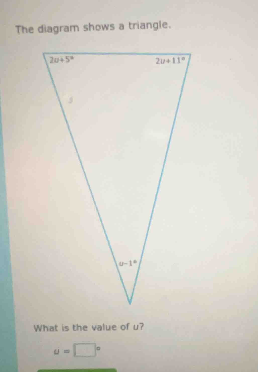 the diagram shows a triangle. what is the value of u? u = \\square^\\ci…