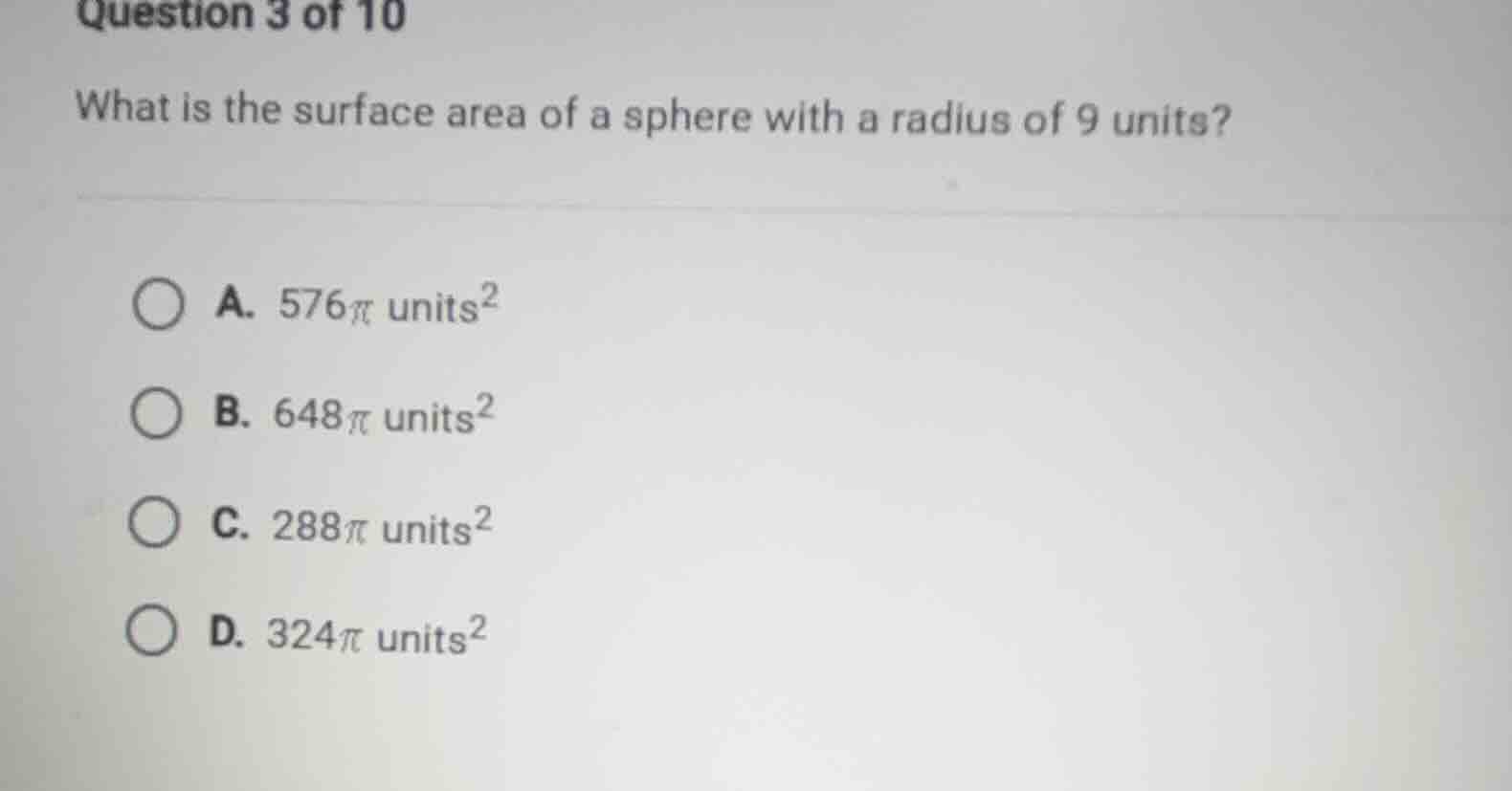 question 3 of 10 what is the surface area of a sphere with a radius of …