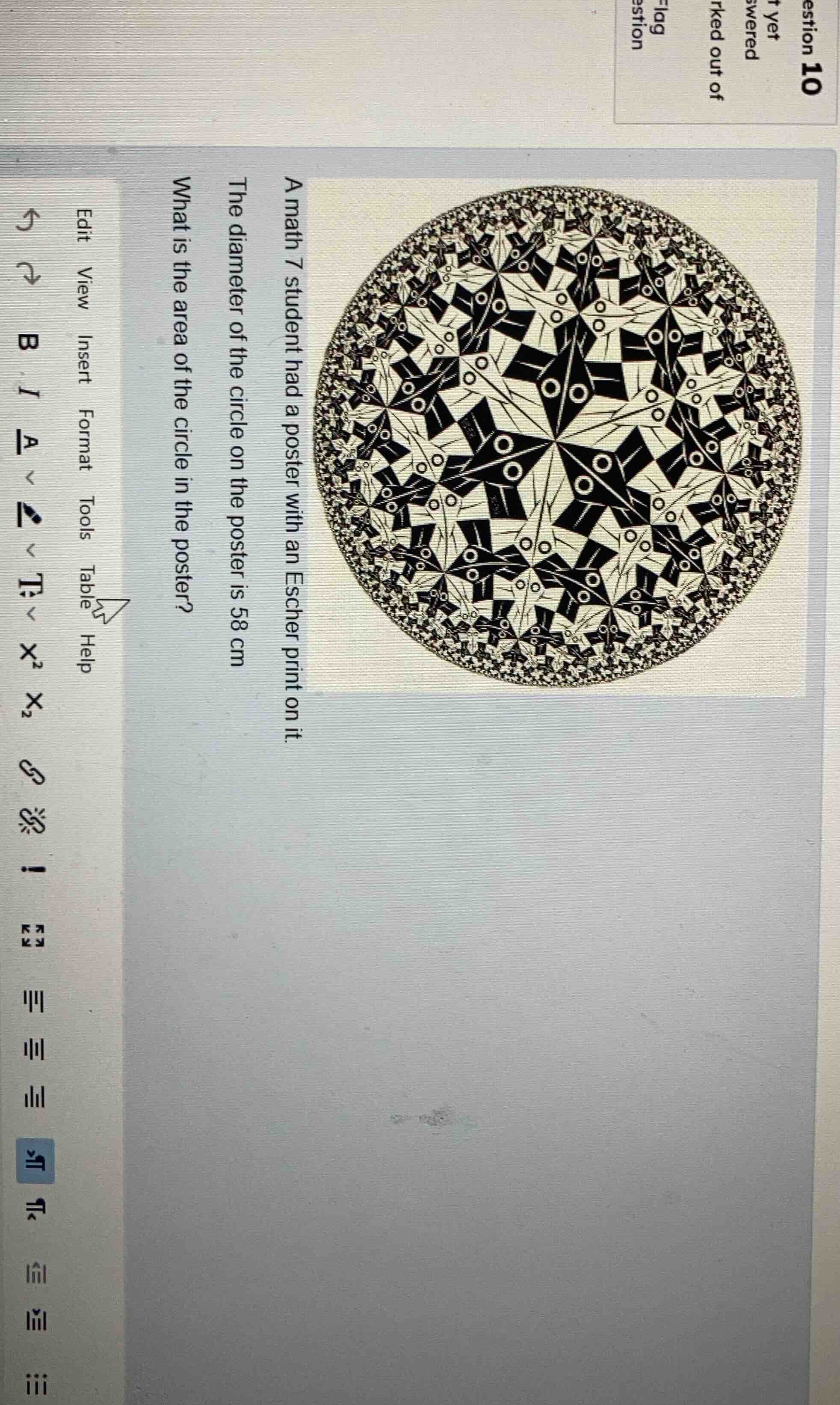 a math 7 student had a poster with an escher print on it. the diameter …