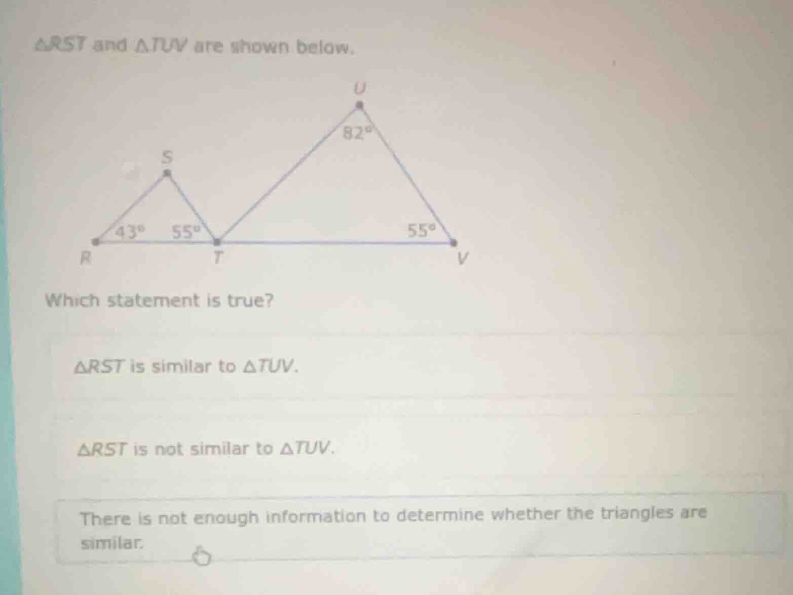 △rst and △tuv are shown below. which statement is true? △rst is similar…