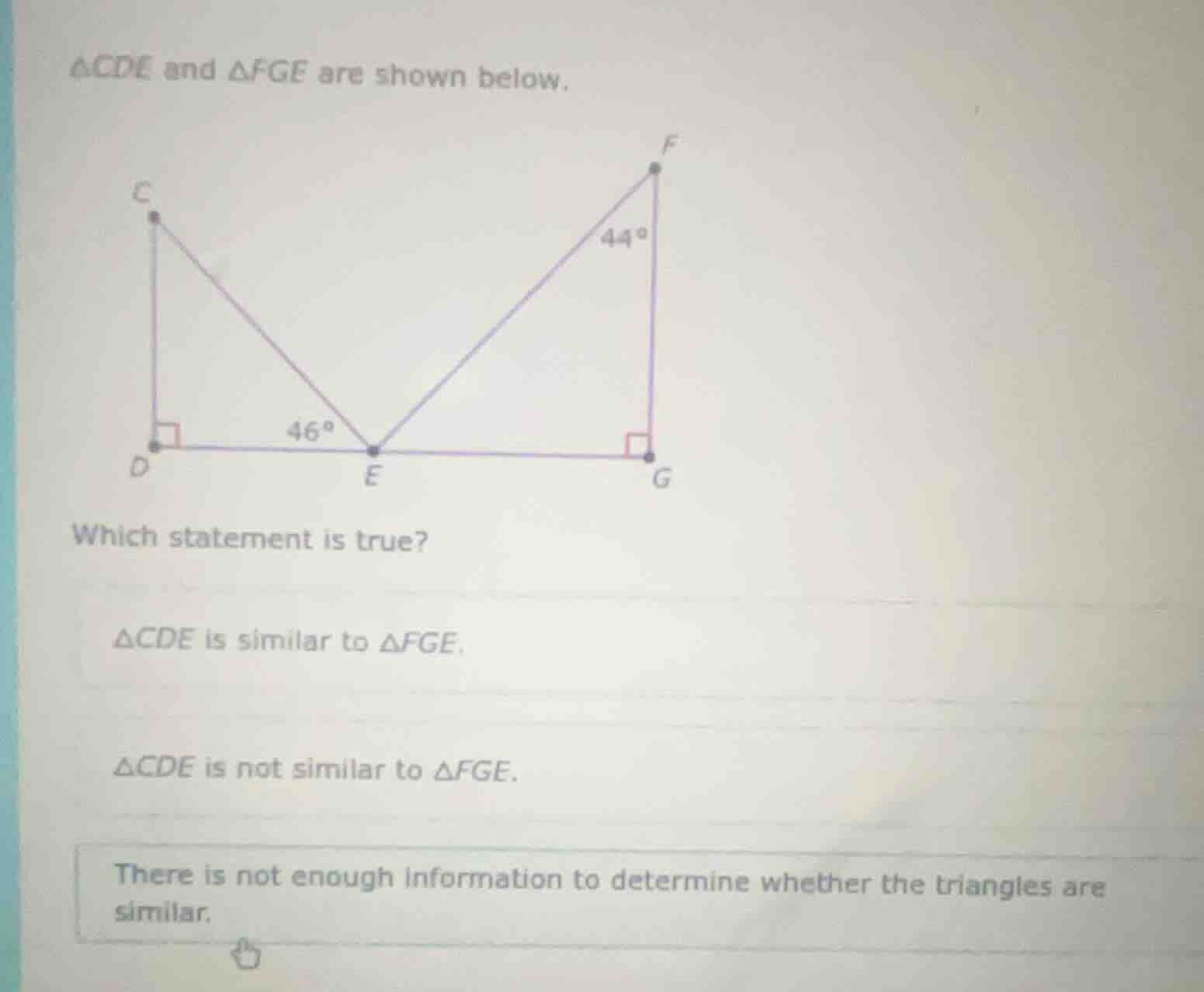 △cde and △fge are shown below. which statement is true? △cde is similar…