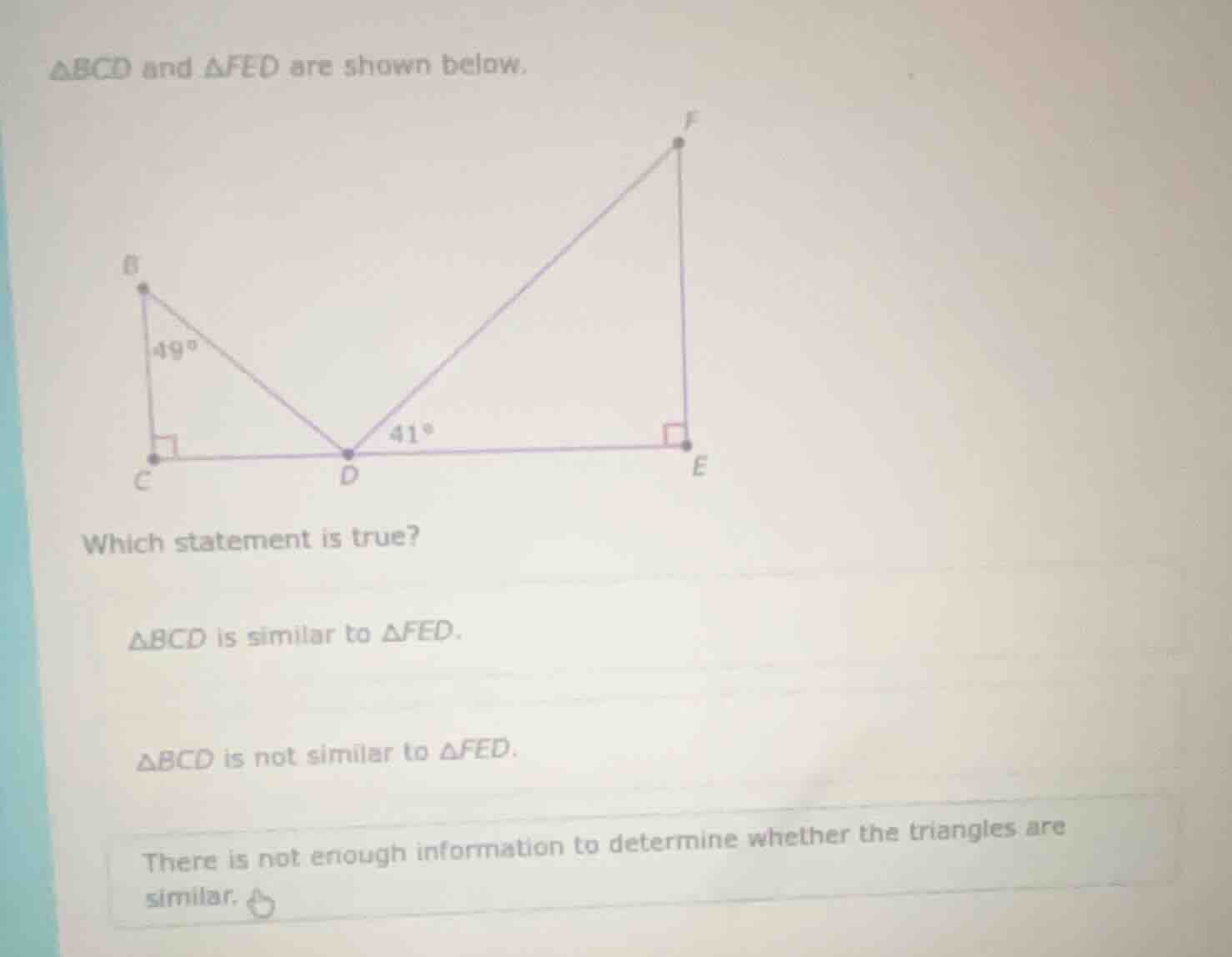 △bcd and △fed are shown below. which statement is true? △bcd is similar…
