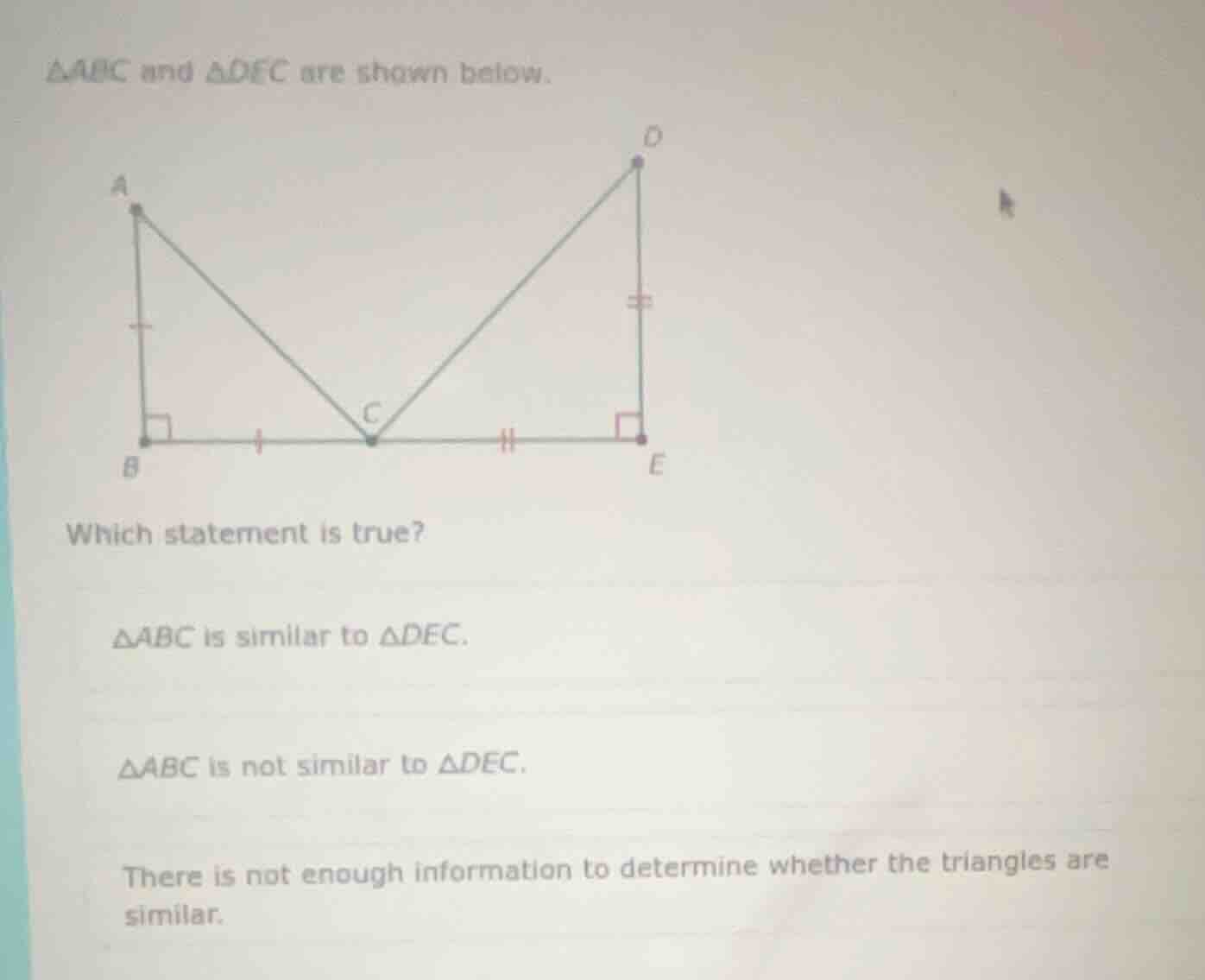 △abc and △dec are shown below. which statement is true? △abc is similar…