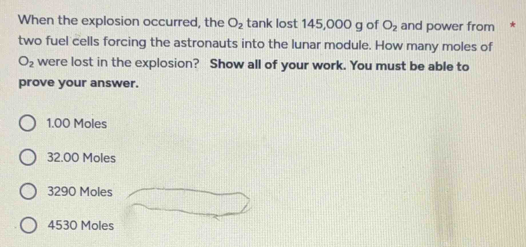 when the explosion occurred, the o₂ tank lost 145,000 g of o₂ and power…