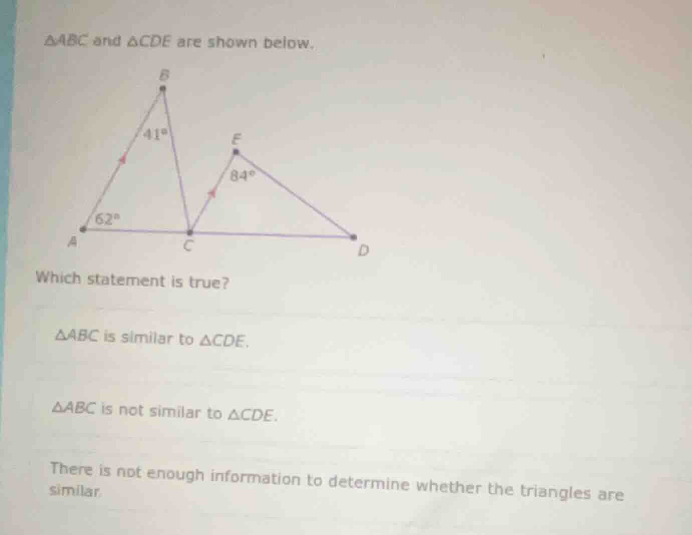 △abc and △cde are shown below. which statement is true? △abc is similar…