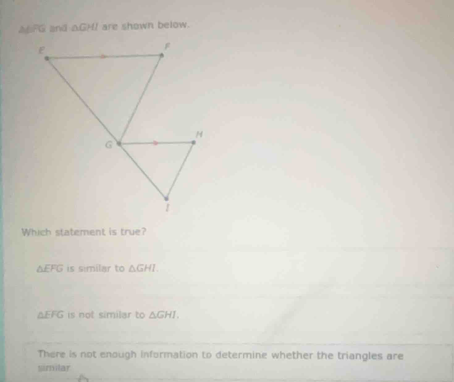 △efg and △ghi are shown below. which statement is true? △efg is similar…