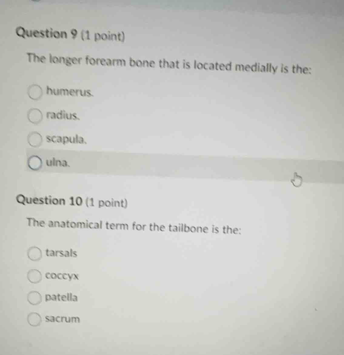 question 9 (1 point) the longer forearm bone that is located medially i…