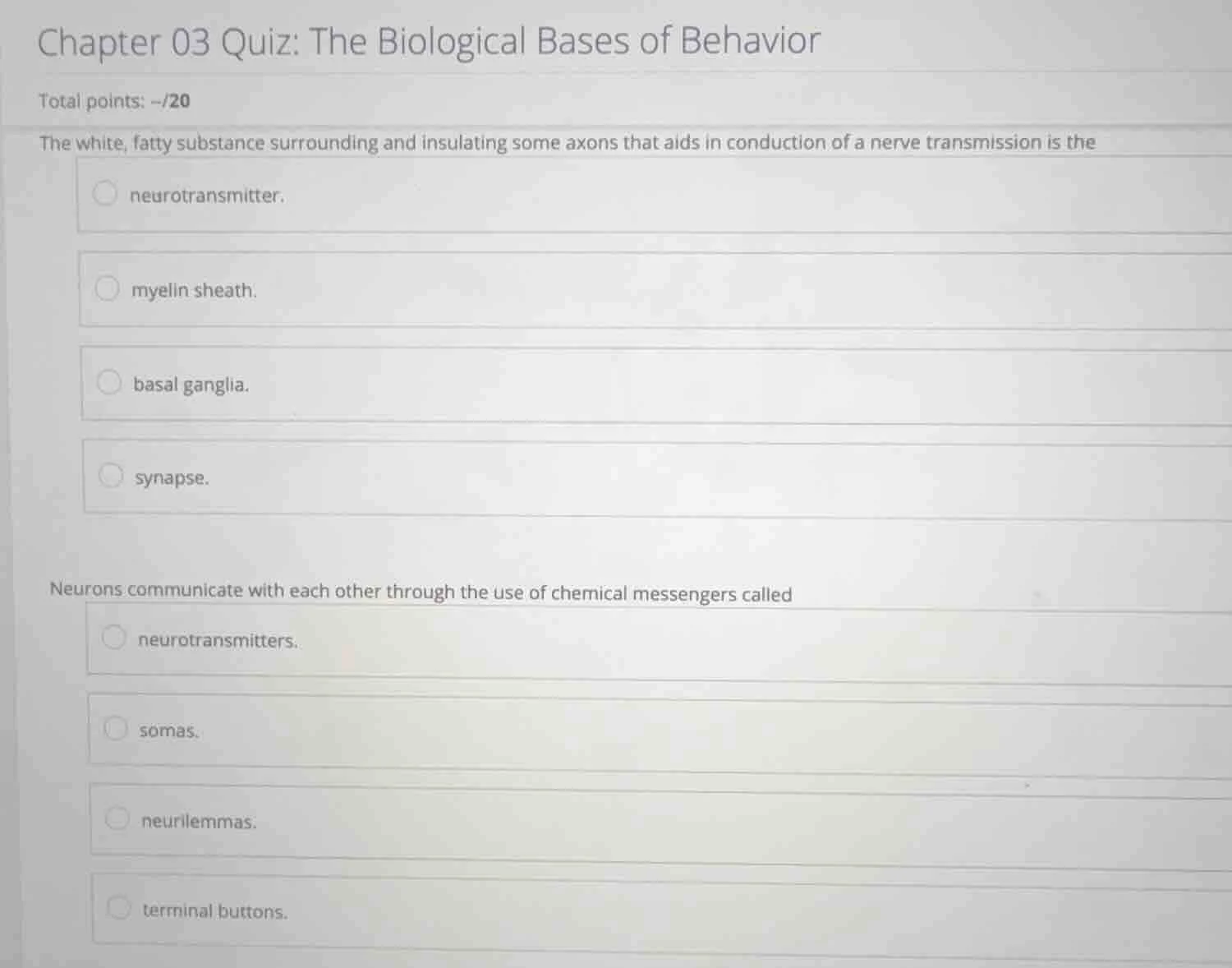 chapter 03 quiz: the biological bases of behavior total points: -/20 th…