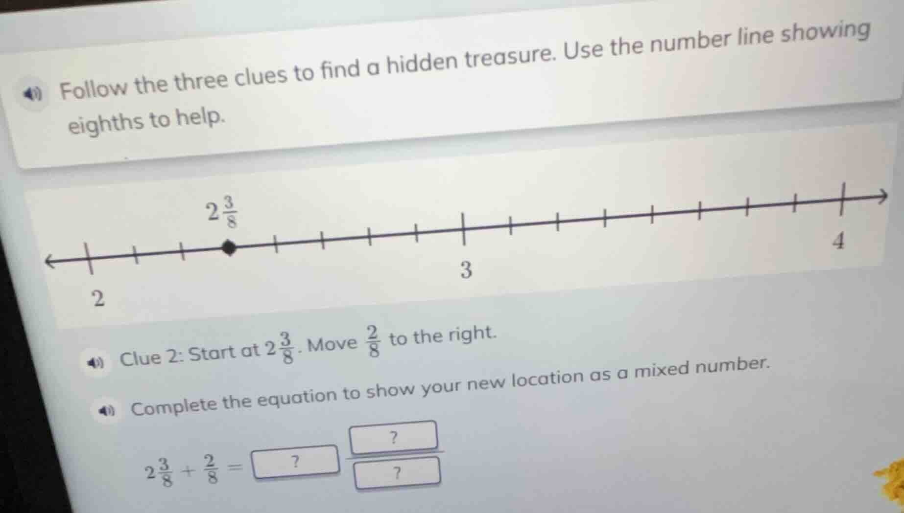 follow the three clues to find a hidden treasure. use the number line s…
