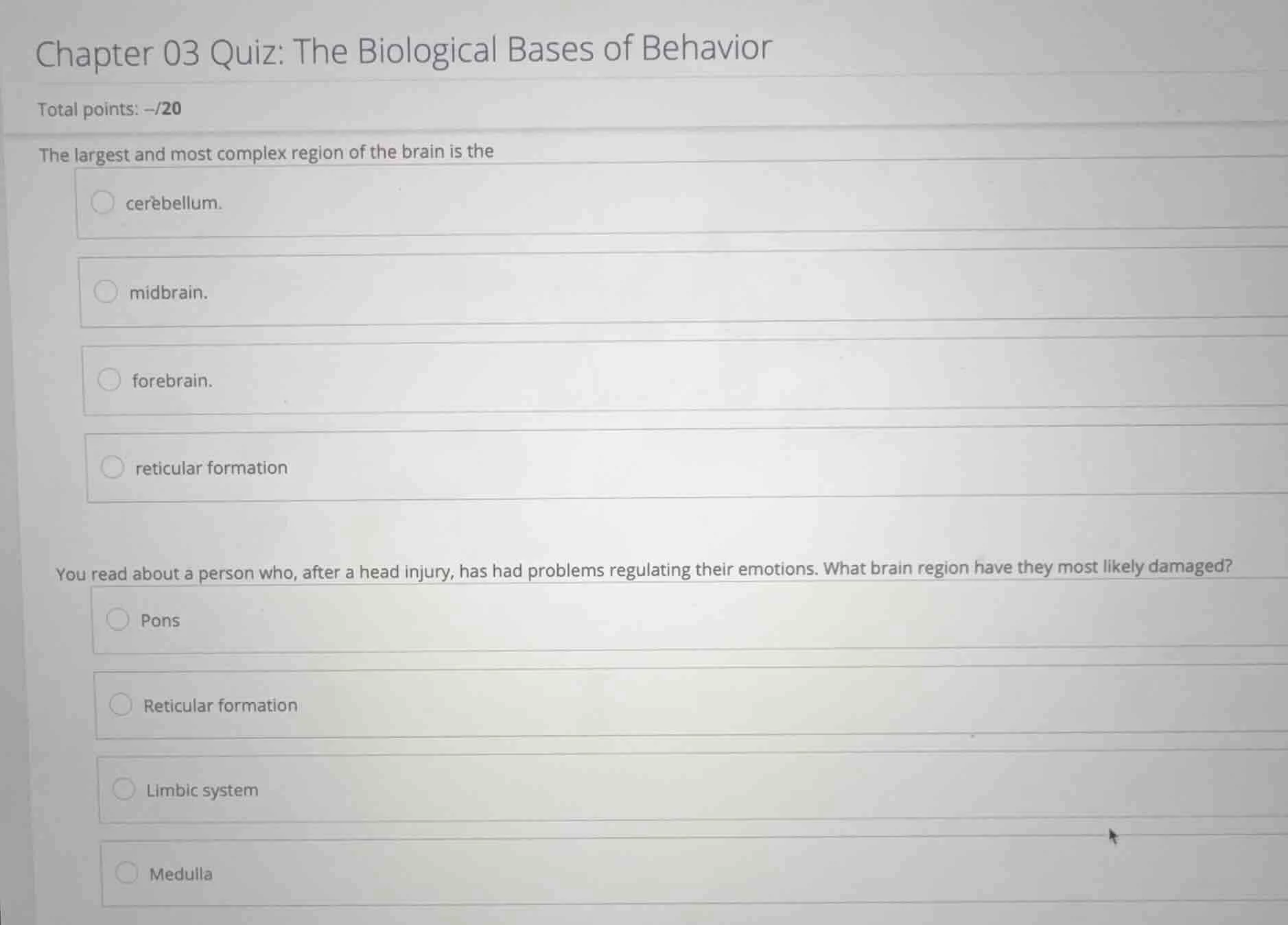 chapter 03 quiz: the biological bases of behavior total points: --/20 t…