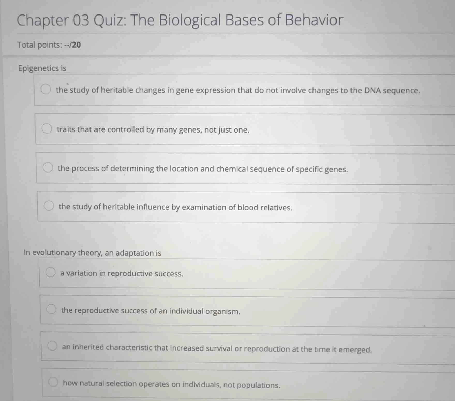 chapter 03 quiz: the biological bases of behavior total points: --/20 e…