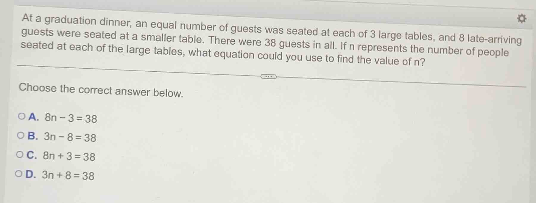 at a graduation dinner, an equal number of guests was seated at each of…