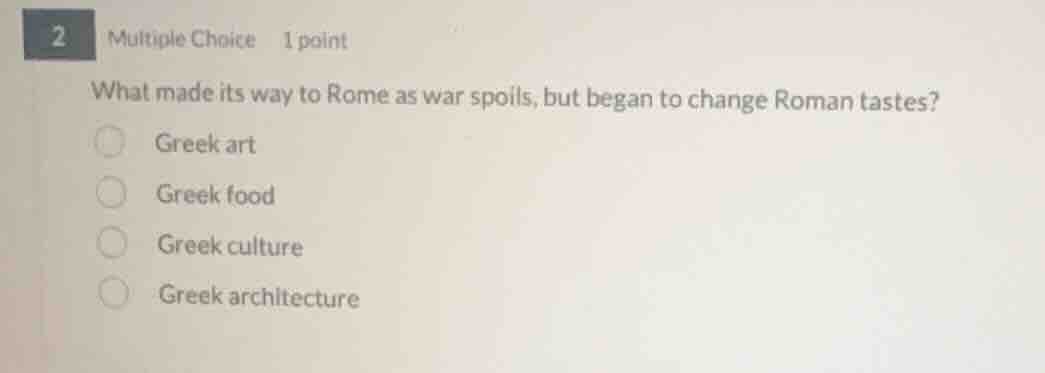 2 multiple choice 1 point what made its way to rome as war spoils, but …