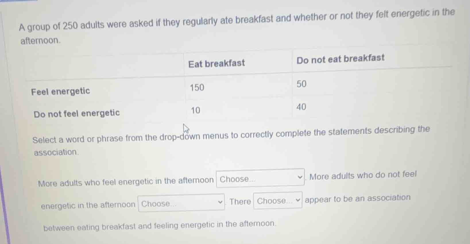 a group of 250 adults were asked if they regularly ate breakfast and wh…