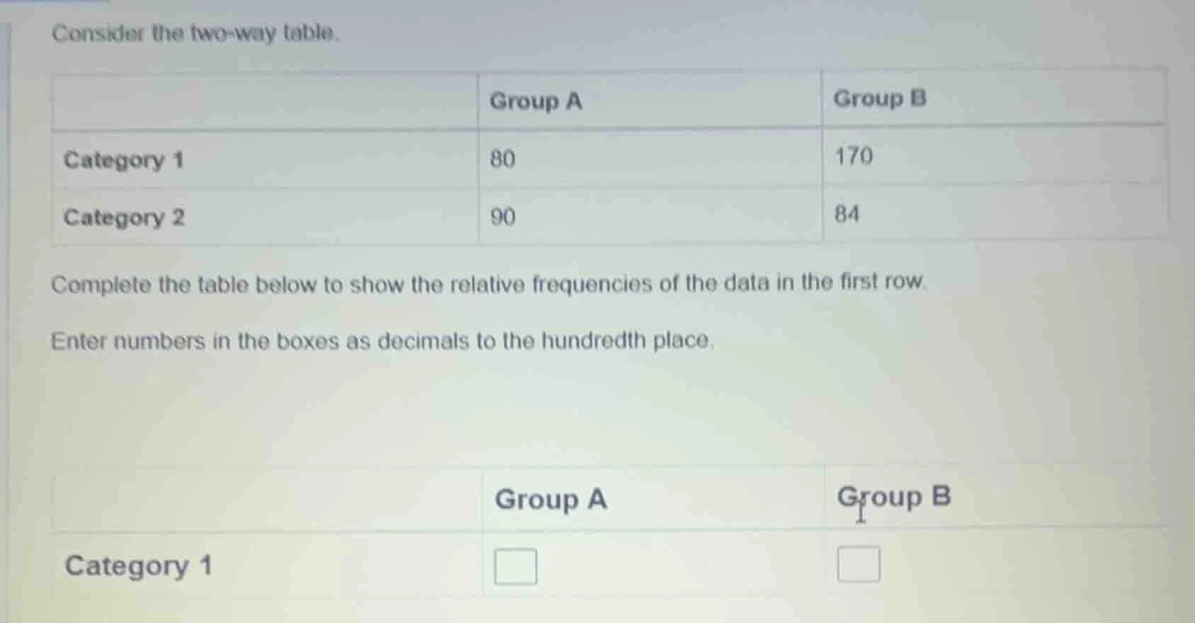 consider the two - way table. | | group a | group b | | ---- | ---- | -…