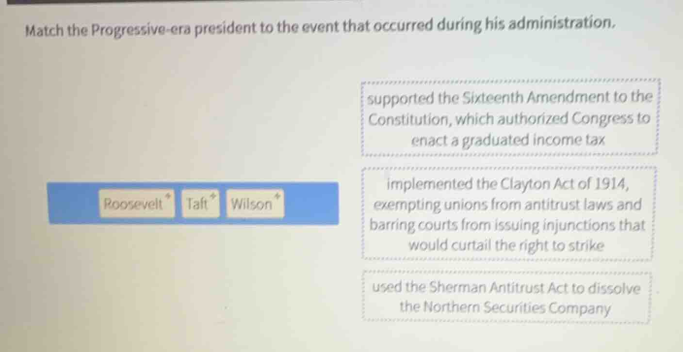match the progressive - era president to the event that occurred during…