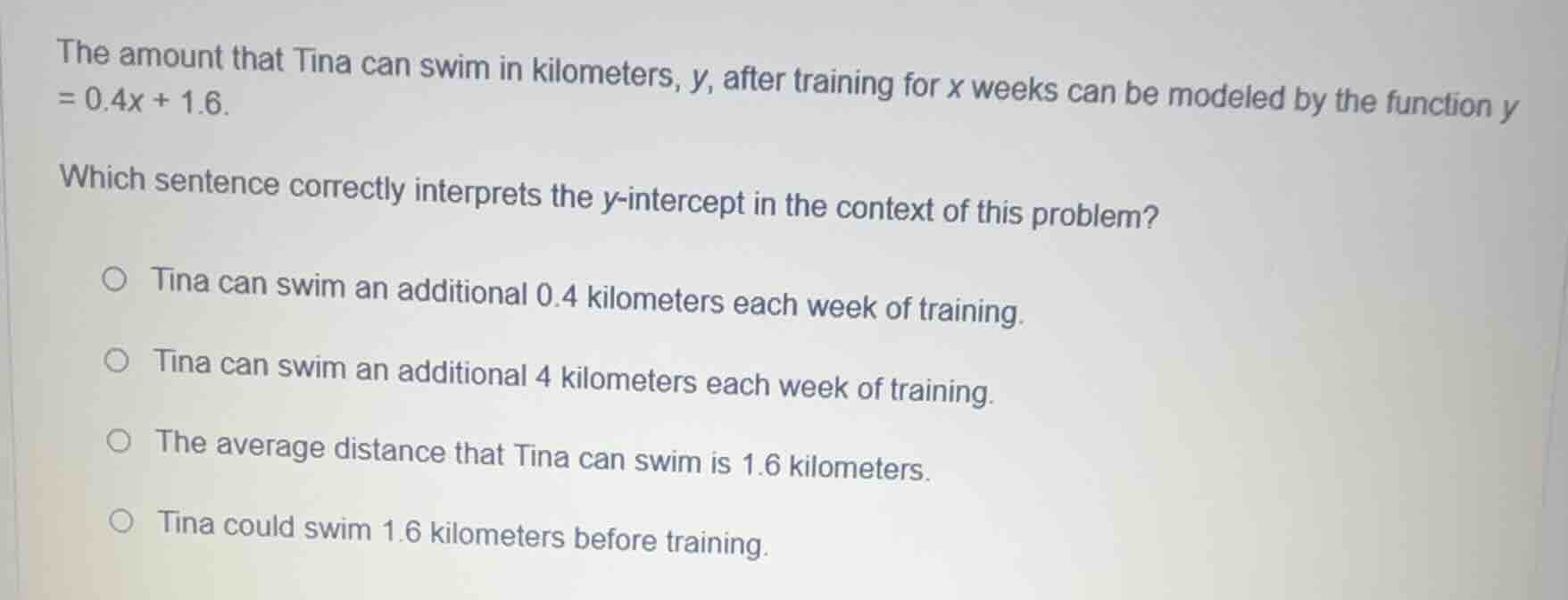 the amount that tina can swim in kilometers, y, after training for x we…