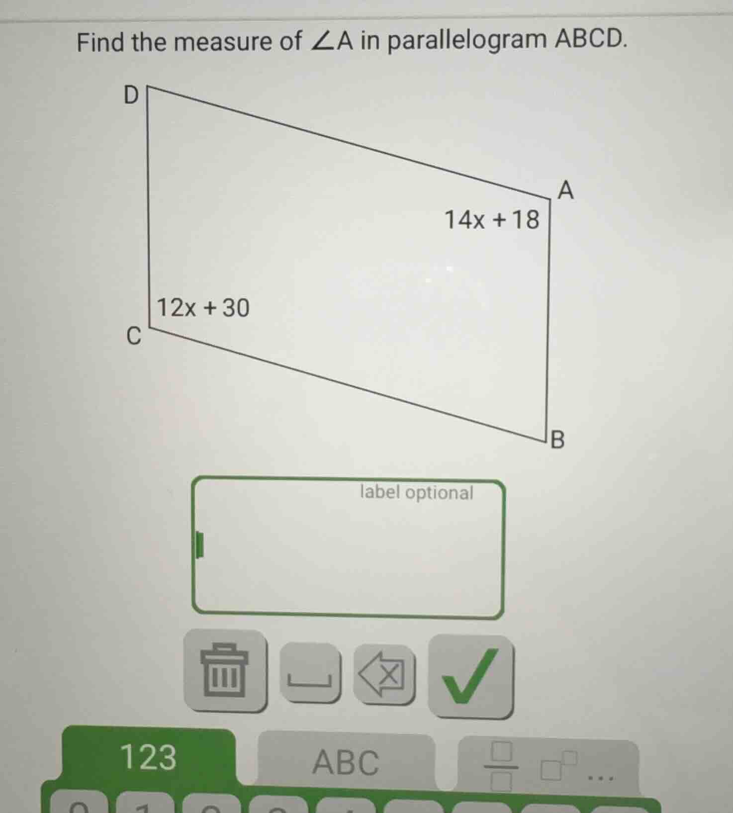 find the measure of ∠a in parallelogram abcd.