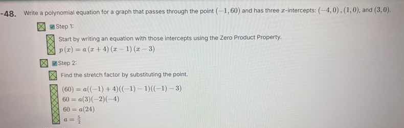 48. write a polynomial equation for a graph that passes through the poi…