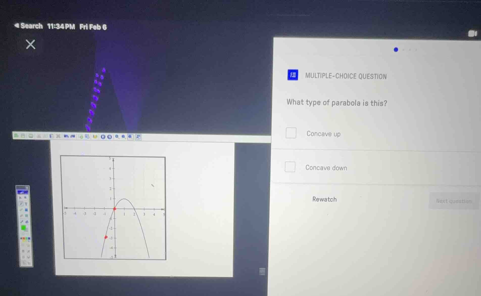 multiple-choice question what type of parabola is this? concave up conc…