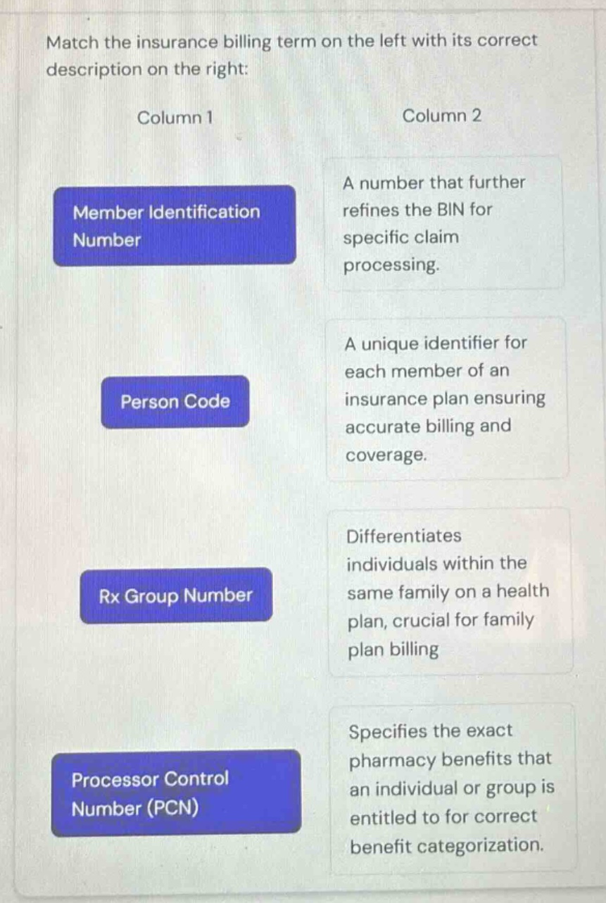 match the insurance billing term on the left with its correct descripti…