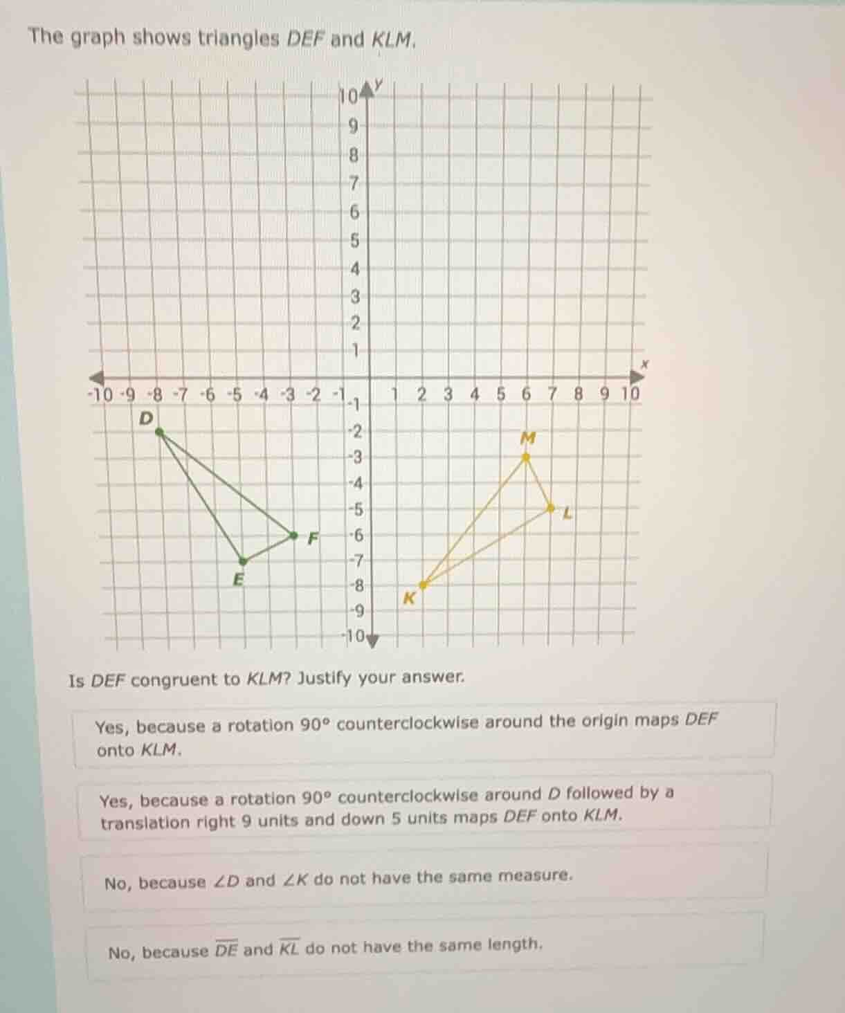 the graph shows triangles def and klm. is def congruent to klm? justify…