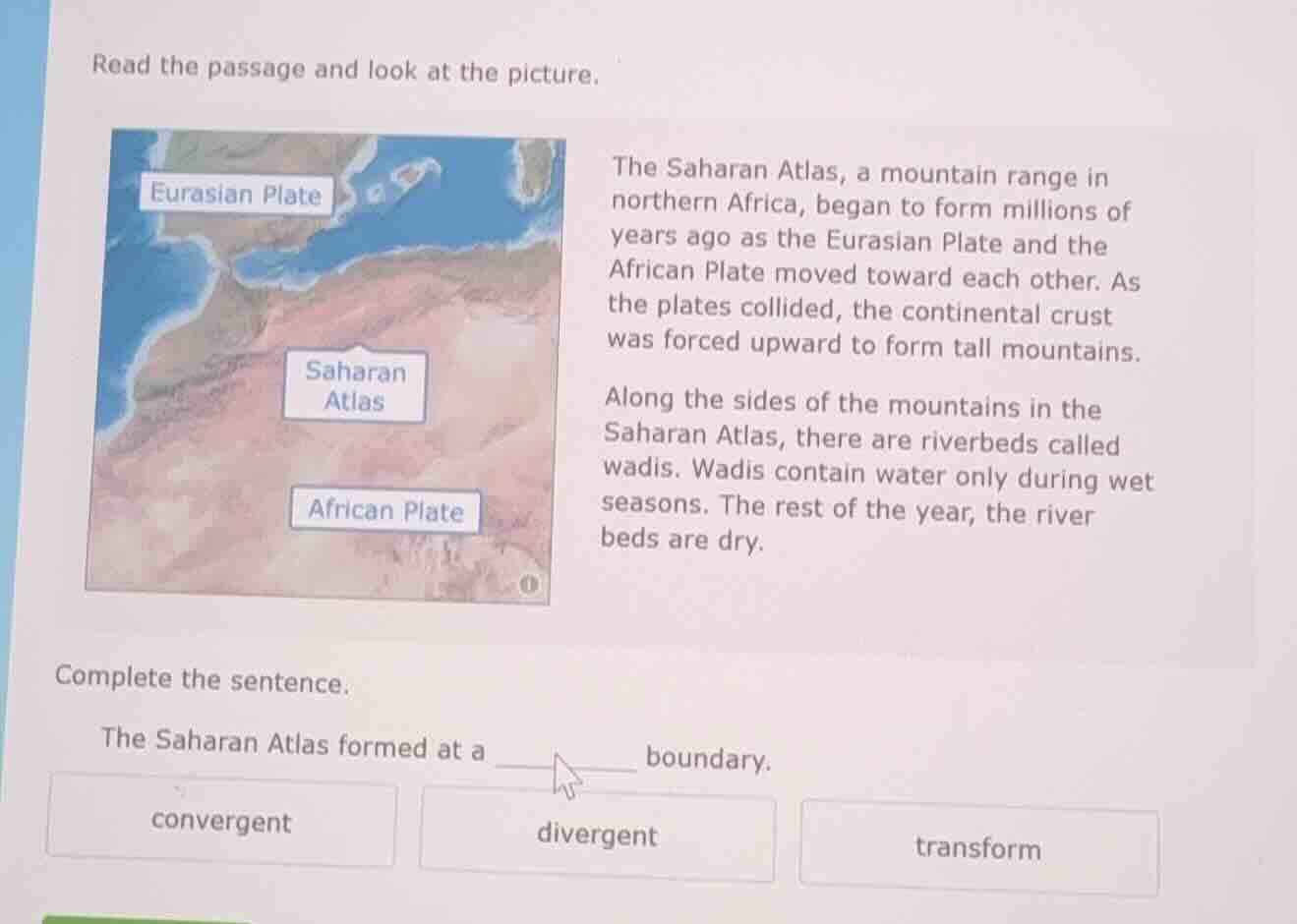 read the passage and look at the picture. the saharan atlas, a mountain…