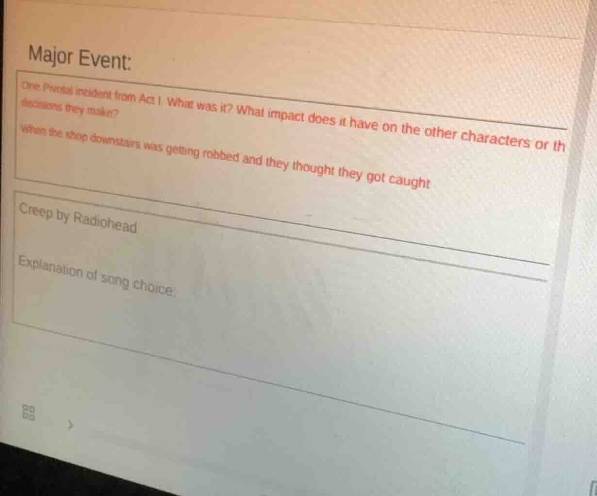 major event: one pivotal incident from act i what was it? what impact d…