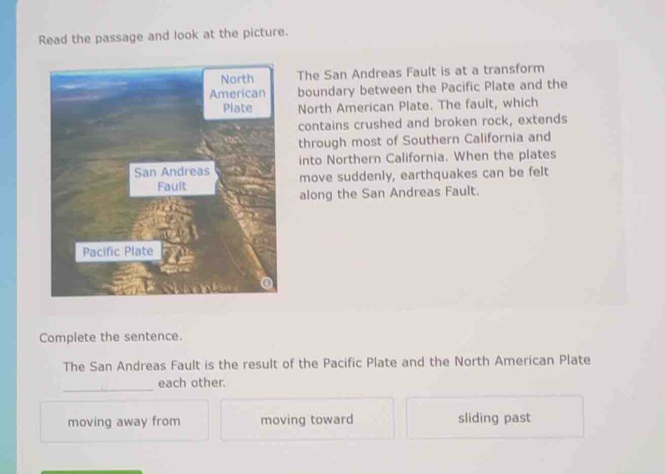 read the passage and look at the picture. the san andreas fault is at a…