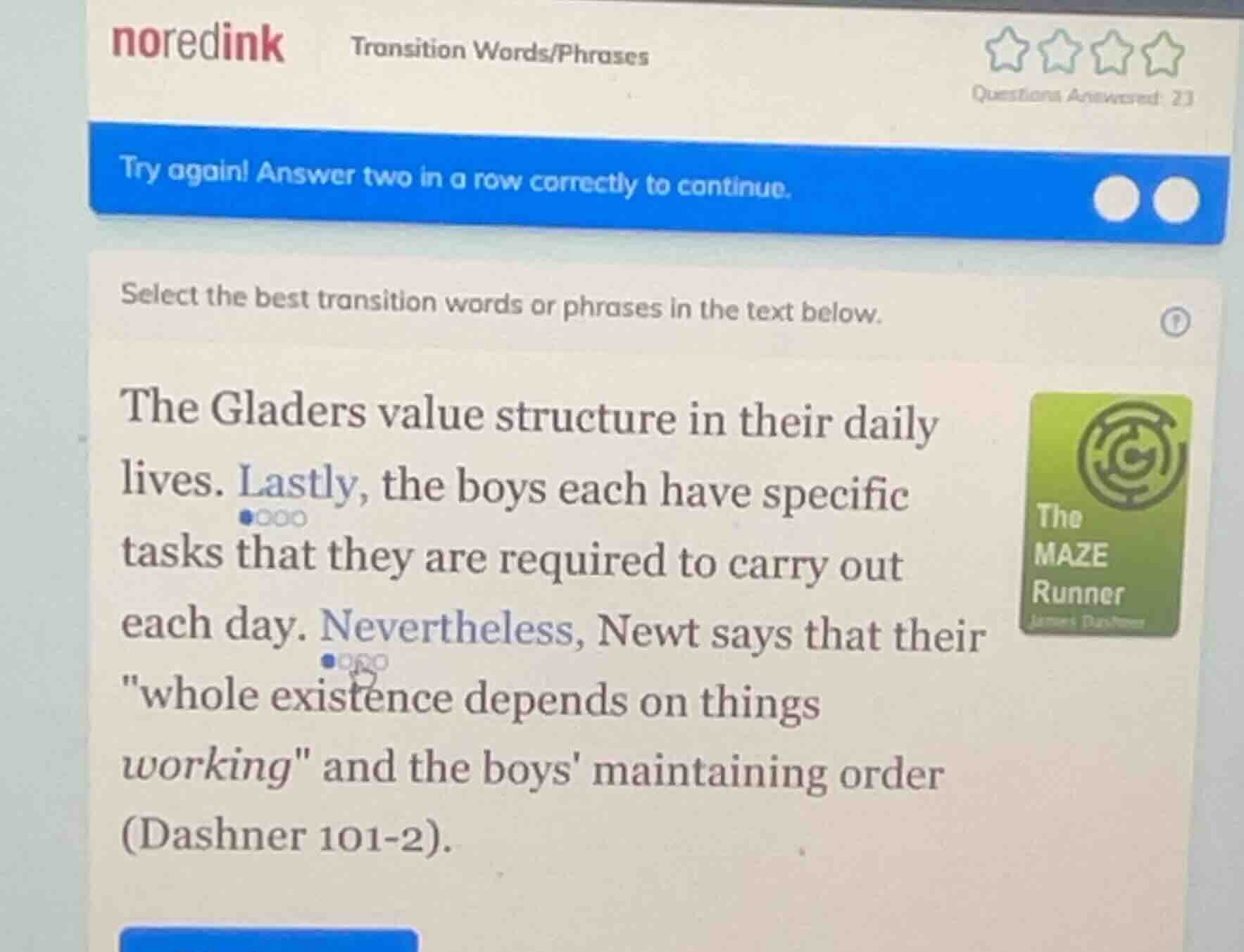 noredink transition words/phrases questions answered: 23 try again! ans…