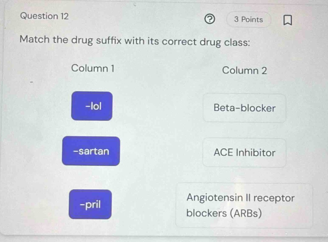 question 12 3 points match the drug suffix with its correct drug class:…