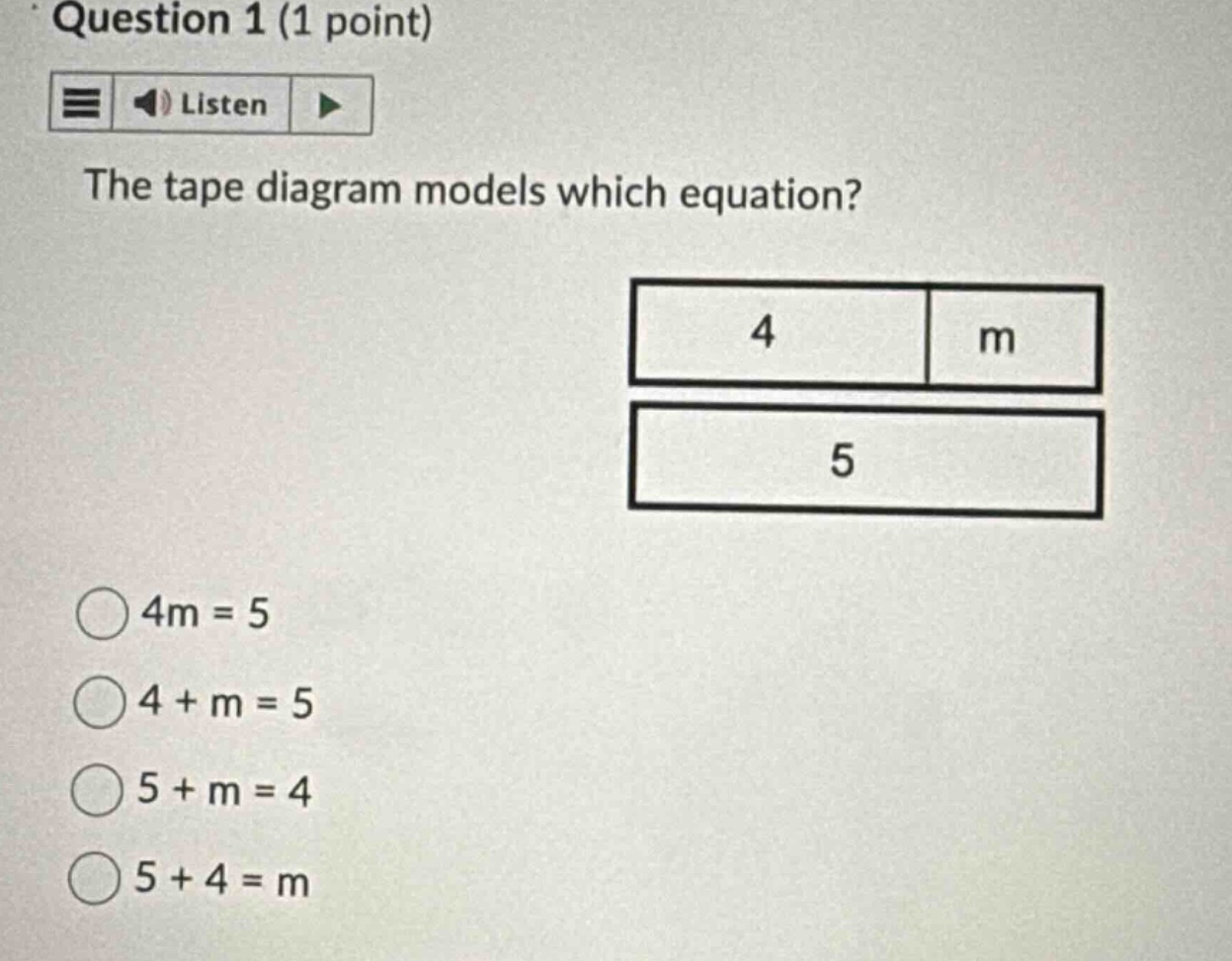question 1 (1 point) listen the tape diagram models which equation? 4 m…