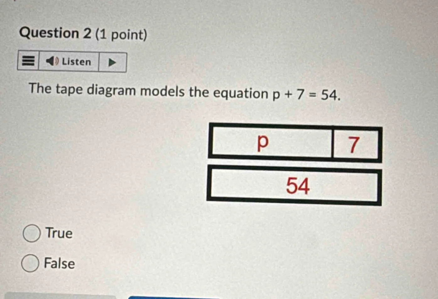 question 2 (1 point) listen the tape diagram models the equation p + 7 …