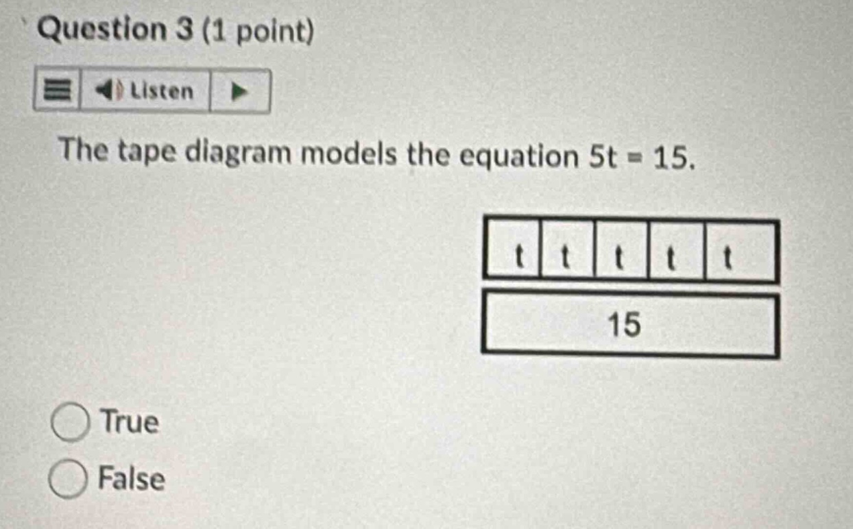 question 3 (1 point) listen the tape diagram models the equation 5t = 1…