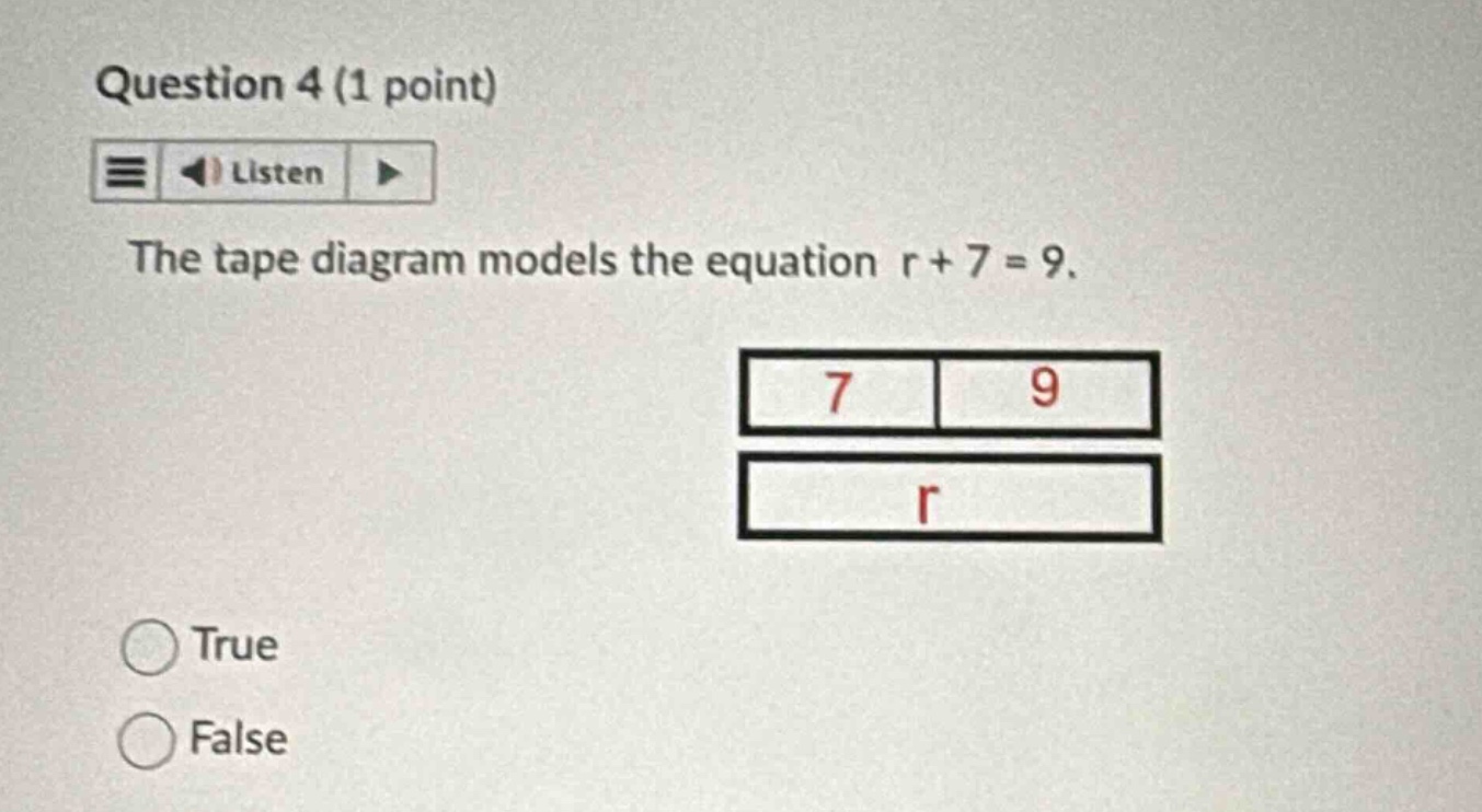 question 4 (1 point) listen the tape diagram models the equation $r + 7…