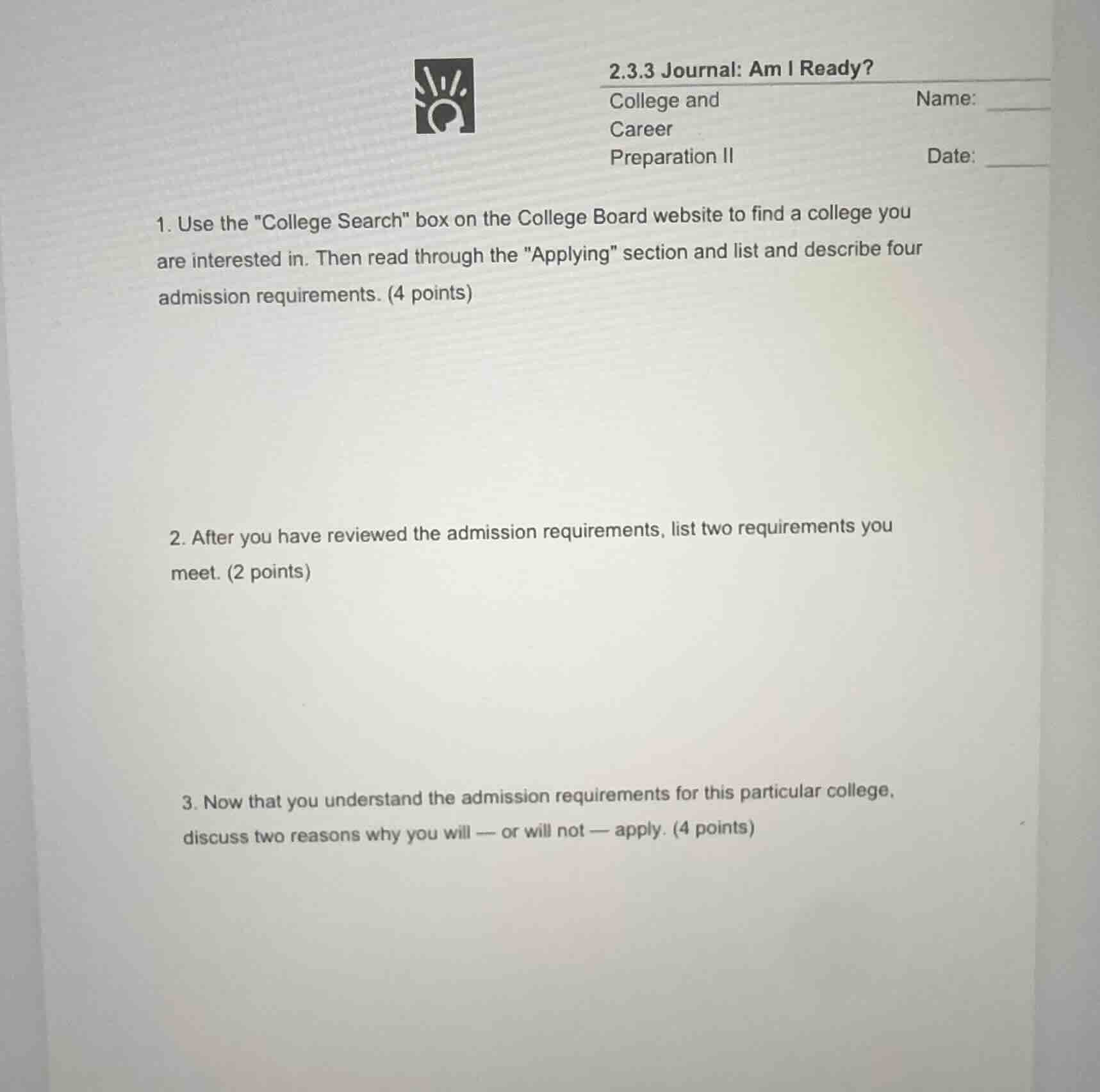 2.3.3 journal: am i ready? college and \t\t\t\t\t\tname: career \t\t\t\…