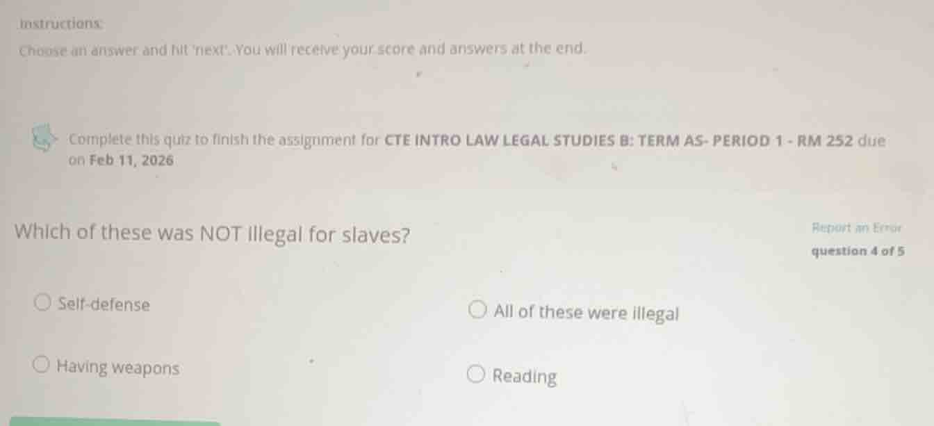 instructions: choose an answer and hit next. you will receive your scor…