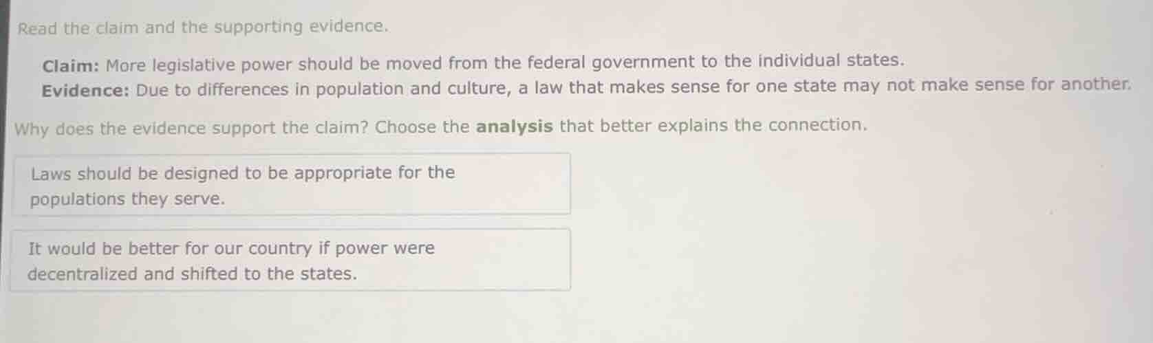 read the claim and the supporting evidence. claim: more legislative pow…