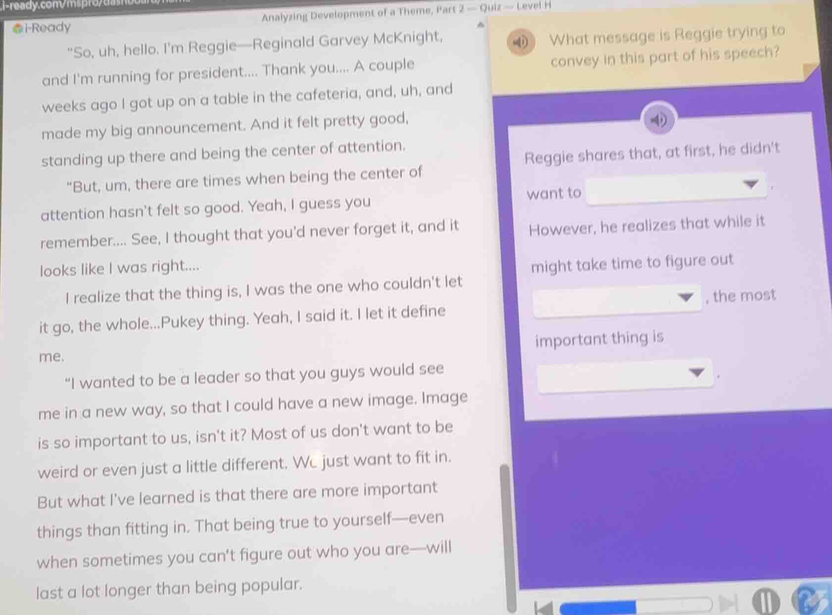 analyzing development of a theme, part 2 — quiz — level h “so, uh, hell…