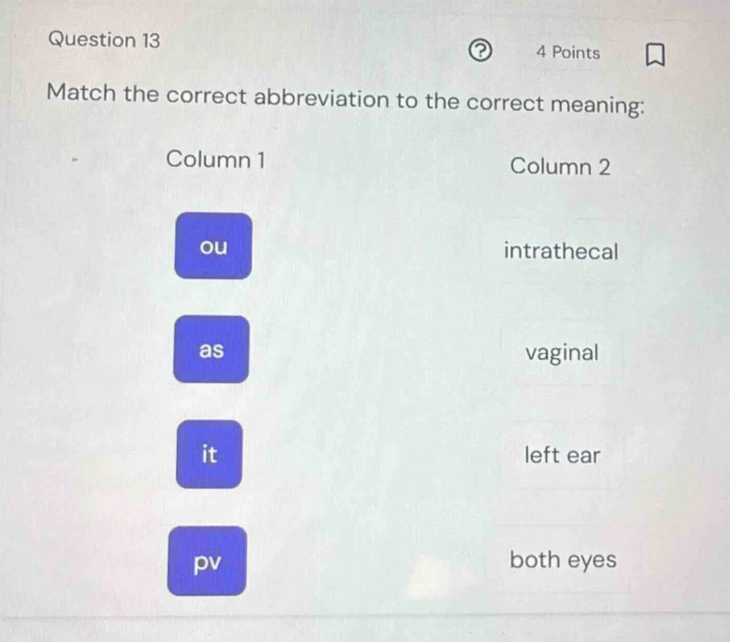question 13 4 points match the correct abbreviation to the correct mean…